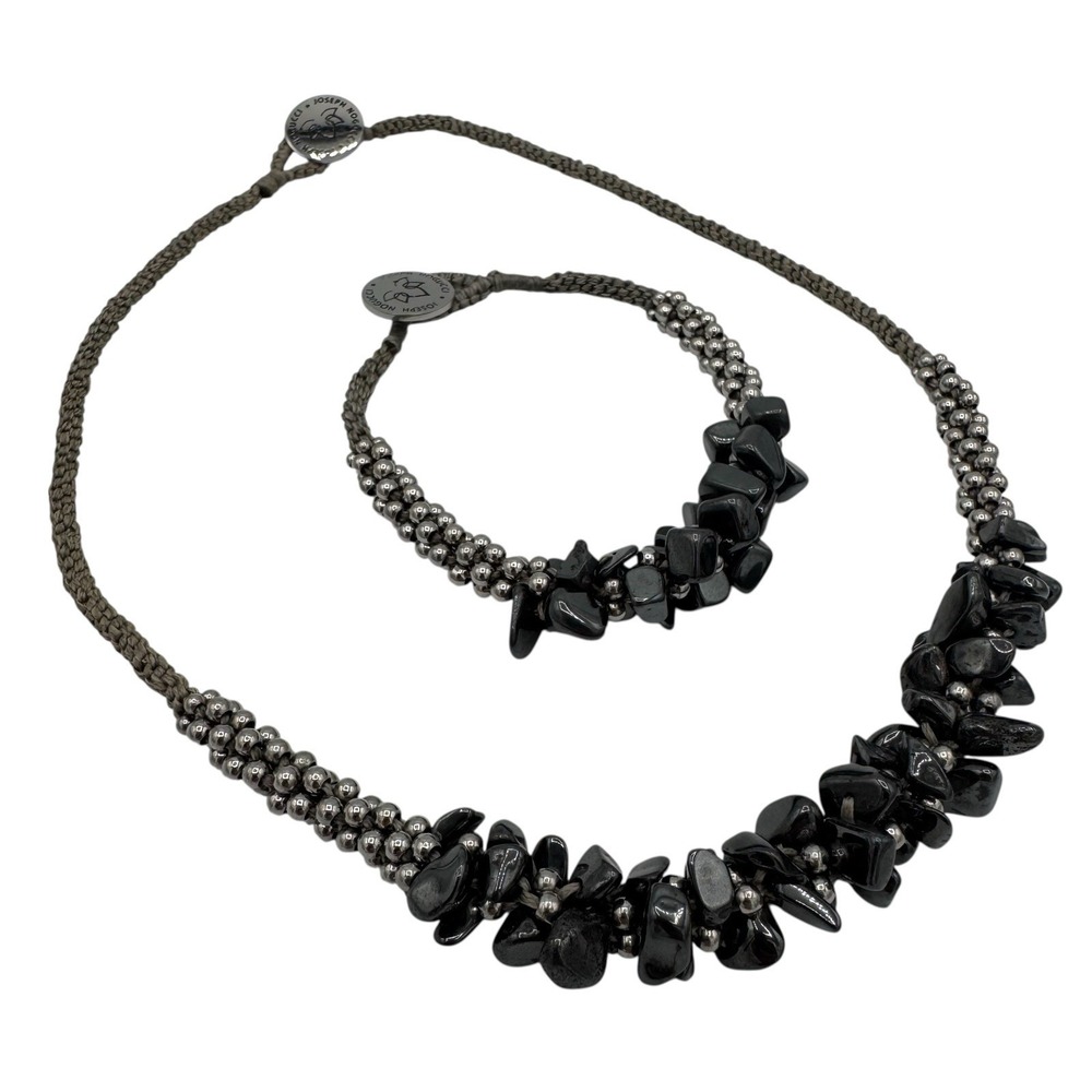 JOSEPH NOGUCCI Bracelet and Necklace Set Cord‎ Silver Tone Beads Black Hematite